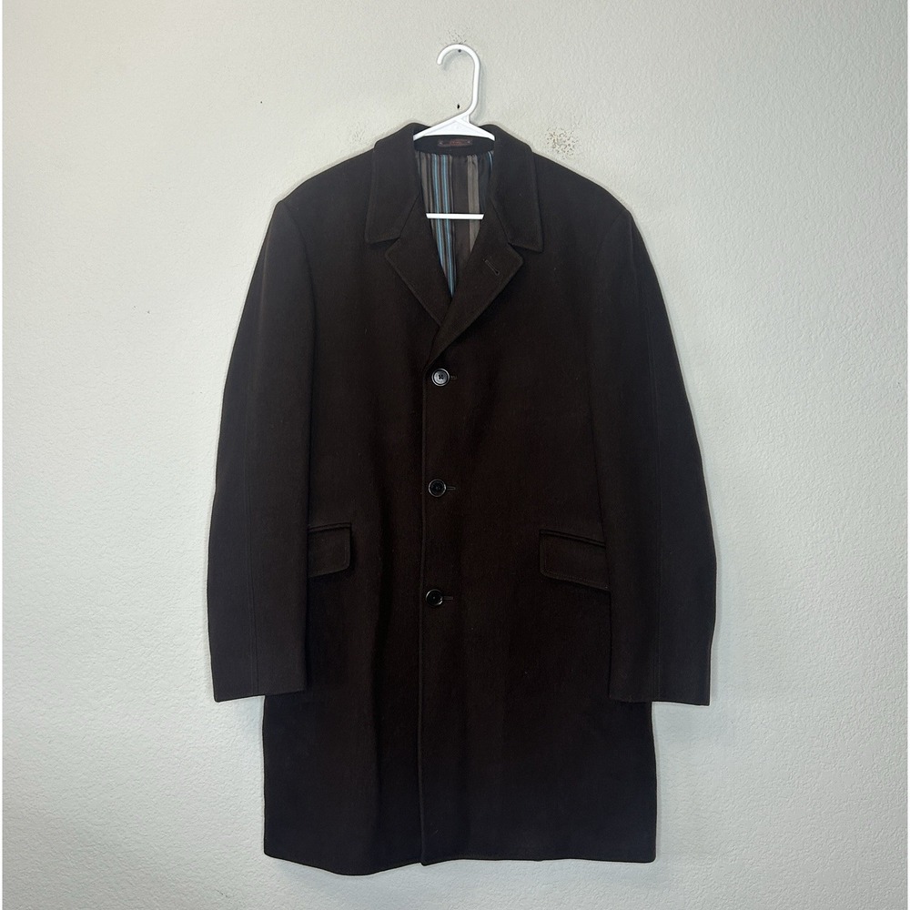 VTG 90s ETRO MILANO Brown Wool Overcoat Striped Lining Made In Italy 52 US 42